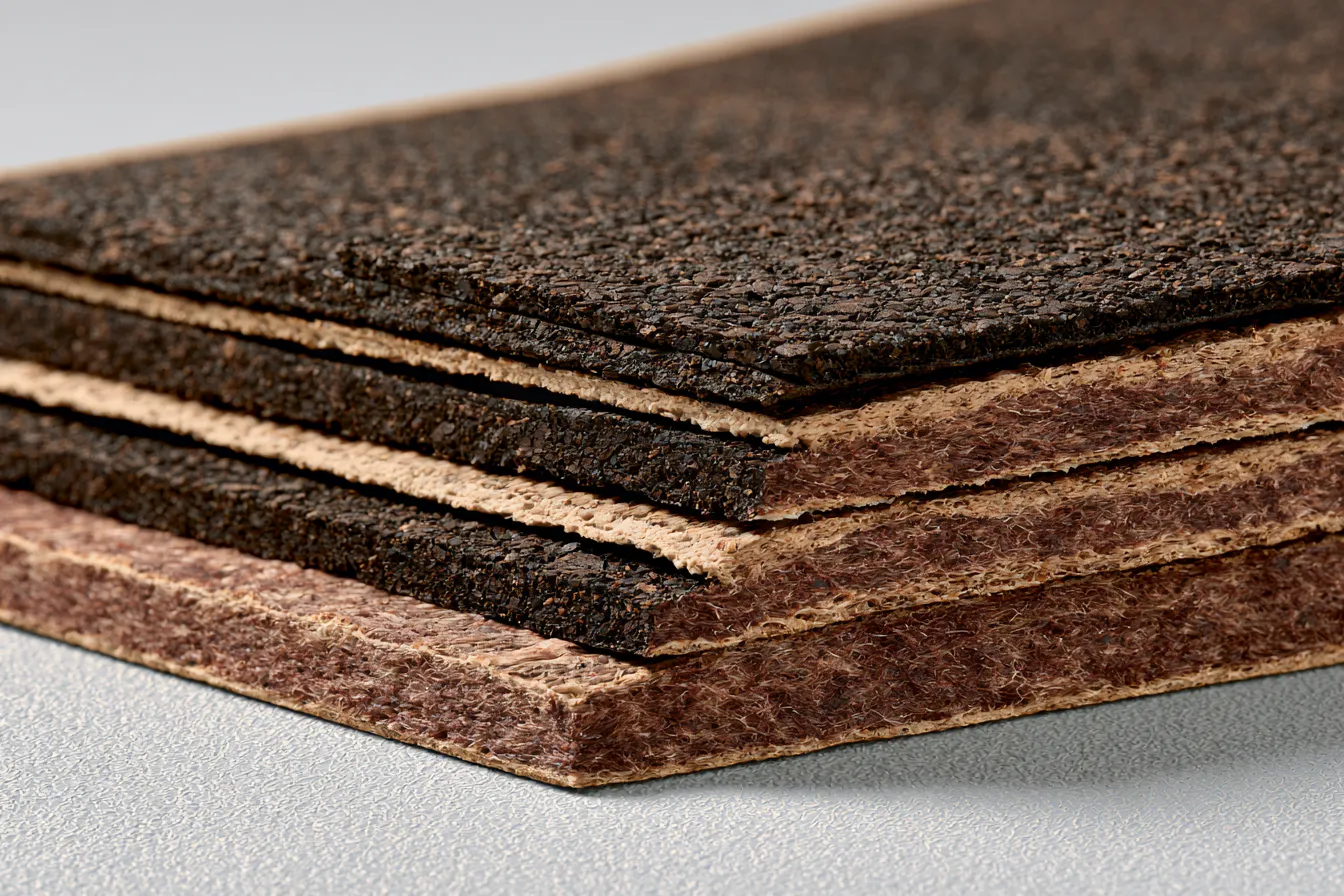 Stacked asphalt shingle samples displaying the layered construction in cross-section