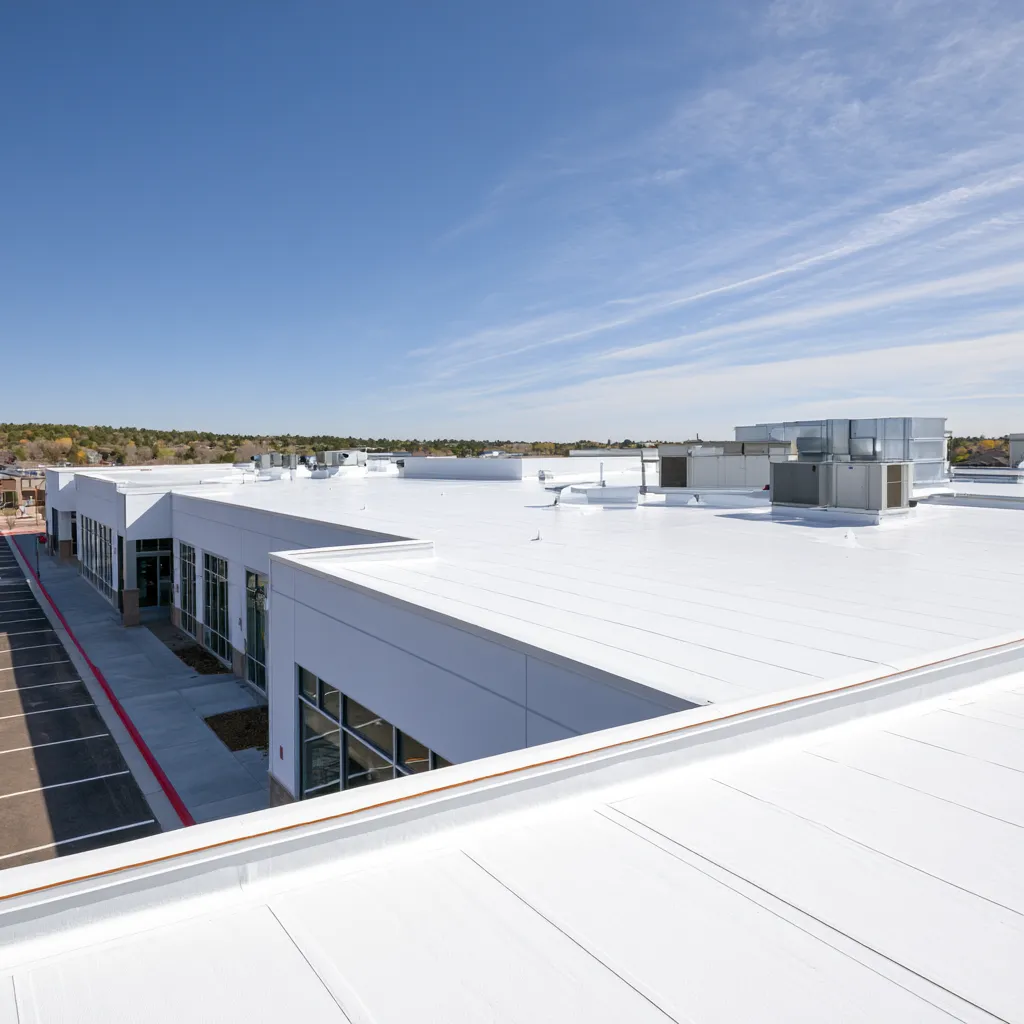 Retail center with white flat roofing beside a parking lot