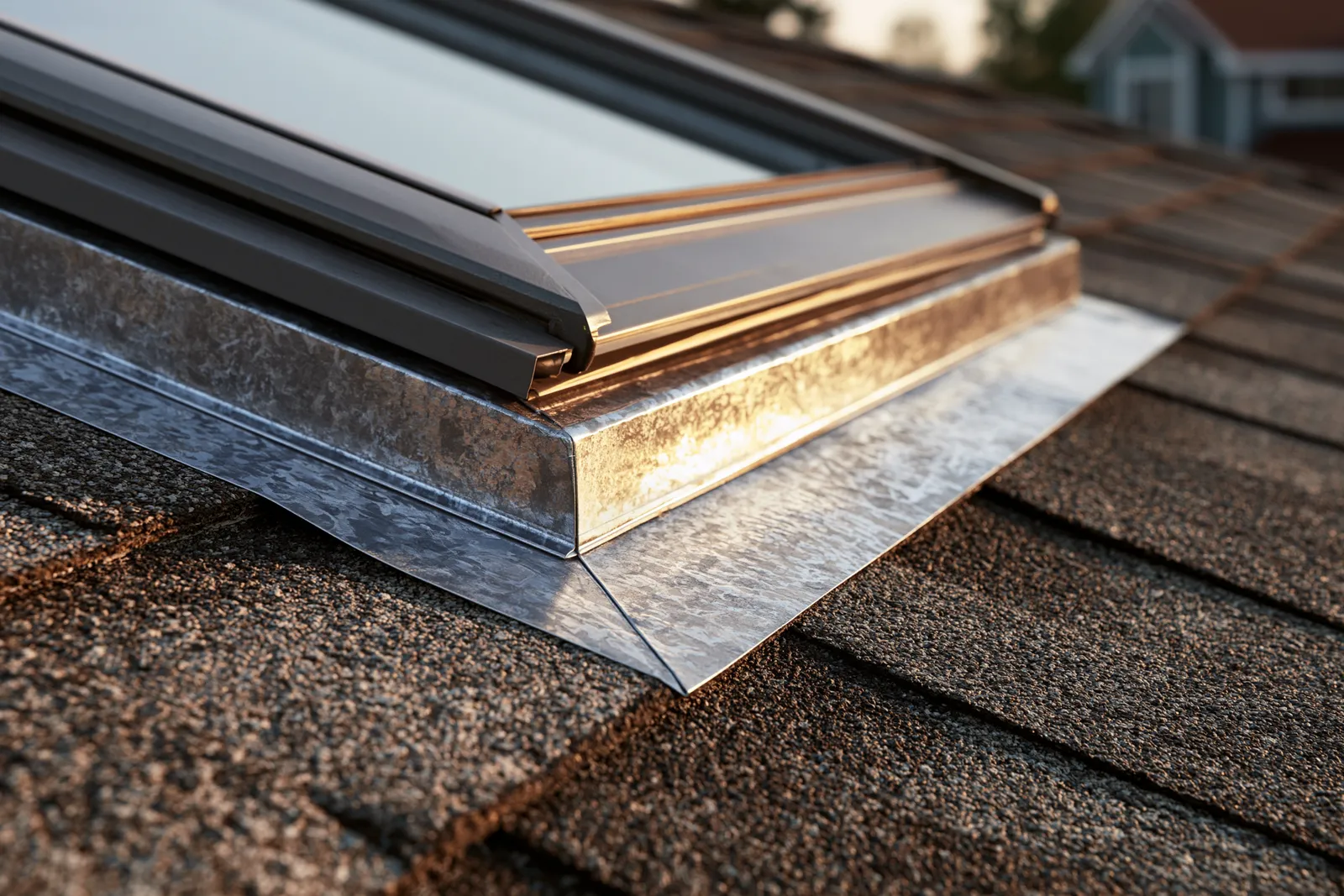 Skylight corner detail showing galvanized metal flashing on a shingle roof